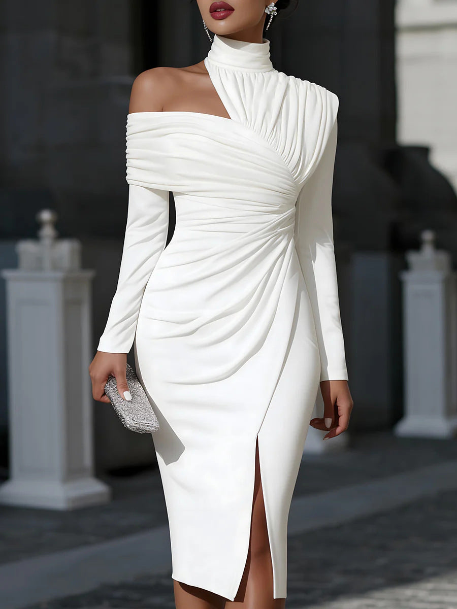 Asymmetric Draped One-Shoulder Midi Dress