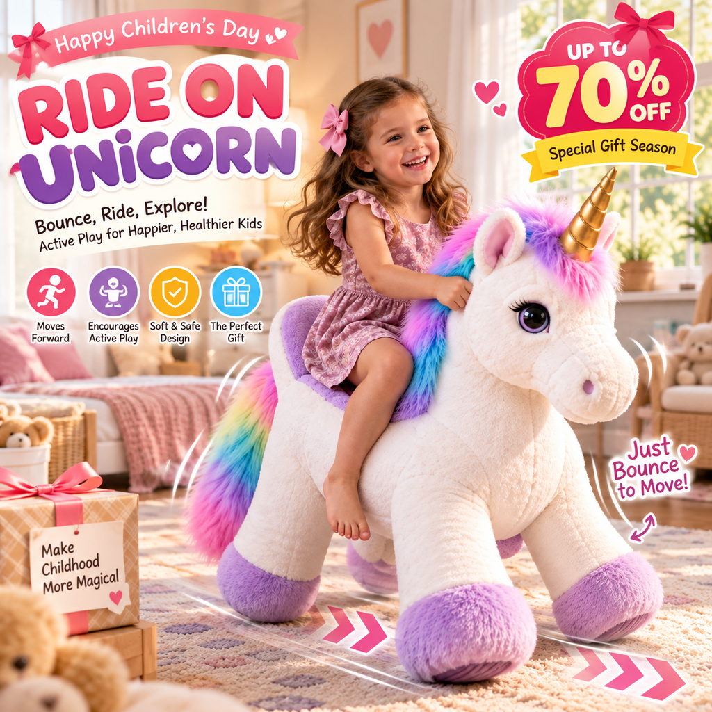 🦄 Ride-On Bouncing Unicorn ✨ Plush Moving Ride Toy for Active Indoor Play & Magical Gifts